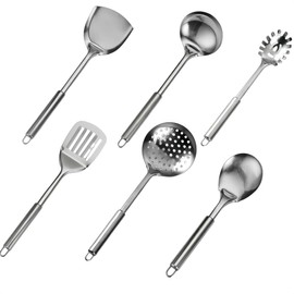 HOLADAWN Stainless Steel Kitchen Cooking Utensil Set - 6 Pcs Premium Serving Utensils with Spatula, Turner, Ladle, Spoon & More
