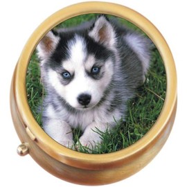 Husky Puppy Dog Brass Round Pill Box