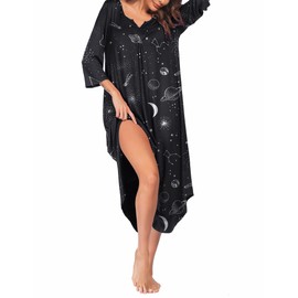 Ekouaer Ladies Long Nightwear Soft Nightdress 3/4 Sleeve Nightshirt Maternity Nightie V-Neck Ladies Nightwear Loungewear Pat2 S