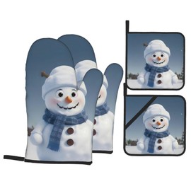 Cute Snowman Parrern Print Oven Mitts and Pot Holders 4pcs Set, Oven Glove Heat Resistant Potholder