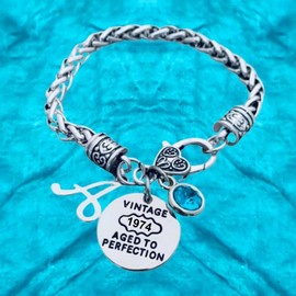 50th Birthday Charm Bracelet with Birthstone & Letter Charm, 50th Birthday Gifts for Women, Vintage 1974 Aged to Perfection Bracelet, 50th Bday Gifts for Her