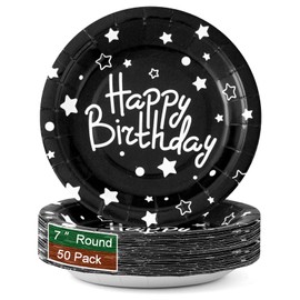 CENLBJ Happy Birthday Party Paper Plates,Black Birthday Dessert Plates,7inch-50pcs,Foil Polka Dots Paper Plates for Birthday Party Decorations
