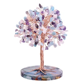 mookaitedecor Natural Rose Quartz & Aquamarine & Amethyst Crystal Tree with Agate Slice Base Money Tree Luck Feng Shui Decoration for Home & Office, 4.7-5.5 Inches