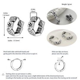 Yudisho S925 Smiley Small Silver Hoop Earrings, Anti-Allergy Earrings for Women Girls, Smiley/Star/Good Luck, Metal, No Gemstone