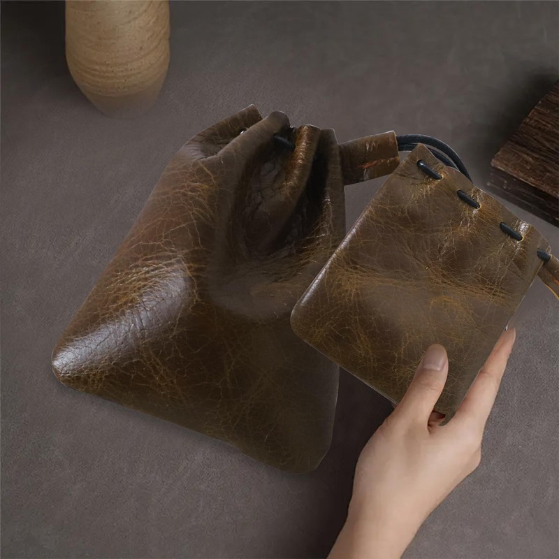 CZXCV Cowhide Leather Drawstring Pouch, Secure Small Leather Coin Purse