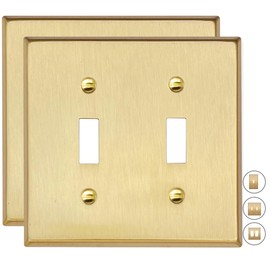 Rio Salto BRASS Metal Gold Double Toggle Light Switch Covers, 2-Pack Wall Plate Toggle Light Switch Wallplate Decorative Gold 2-Gang Wall Switch Plate Covers Genuine Brushed Brass