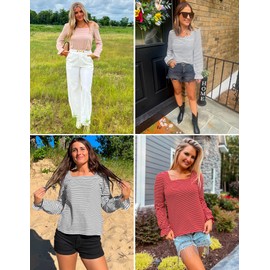 ZESICA Women's Long Sleeve Square Neck Shirts 2024 Fall Causal Trendy Striped Tops White L