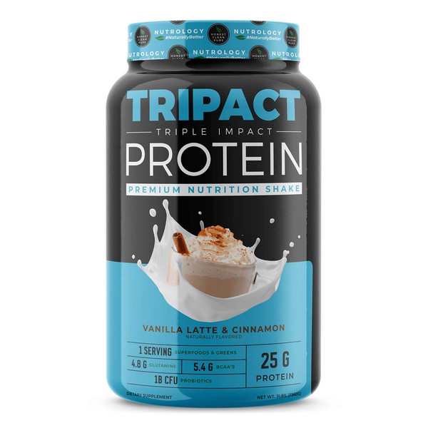 TRIPACT Protein - Premium Nutrition Shake - Non-GMO Grass Fed Whey Protein, Plant Proteins, Greens, Superfoods and Probiotics–Lean Muscle-Recovery-Boost Performance -Vanilla Latte with Cinnamon 3lb.