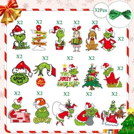 32 Pcs Grinch Tree Decorations, Grinch Christmas Decorations with Cords, Grinch Decorations, The Grinch Christmas Decorations for Hanging on Christmas Tree,Winter Holiday Party Supplies (with Lanyard)