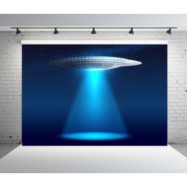 CORFOTO 8x6ft Fabric UFO Backdrop Alien Realistic Spaceship with Light Night Sky and Stars Photo Background for Science Fiction Planet Alien Kids Artistic Portrait Photo Studio Props