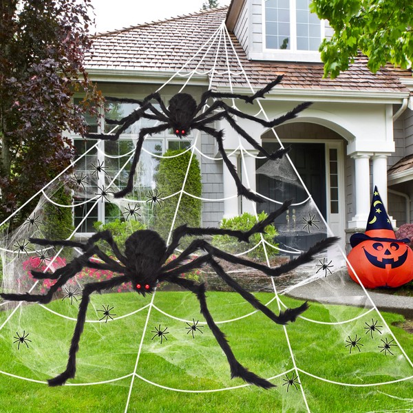 SILVIA 276" Halloween Spider Web+59" Giant Spider+49" Huge Spider+100g Stretchy Dense Spider Silk+20pcs 1.8" Plastic Spiders for Yard Indoor Outdoor Halloween Decorations Parties Haunted House Décor