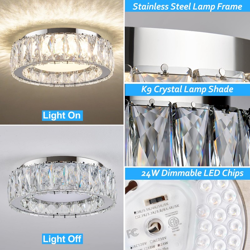 Gisisee 11 Inch Chrome Modern Luxury Crystal Flush Mount Ceiling