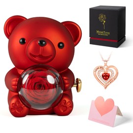 mountova Romantic Teddy Bear with Preserved Rose, Real Rose in Elegant Gift Box with Necklace for Women, Bear Roses Gifts for Valentine's Day,Weddings,Mother's Day,Anniversary,Birthday,Christmas, Red