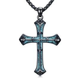 KoyeKei Black Religious Cross Necklace for Men 925 Sterling Silver Turquoise Cross Pendant Necklaces Christian Jewelry Gothic Christmas Halloween Gifts for Women