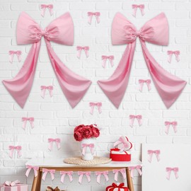 Yiaoyinnz Pink Bow Birthday Party Decoration 2pcs Giant Coquette Bows 41x26in with 24 Small Bowknot Wall Hanging Decor 4.7x6.7in for Bachelorette Baby Shower Wedding Engagement Bridal Supplies Favors
