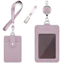 ID Card Holder - Horizontal & Vertical ID Card Case, Employee Cards, Commuter Passes, Double Sided Name Tag, Pass Case, Chest Pocket Clip & Elastic Reel with Clip Strap (Vertical Purple)