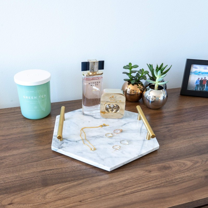 White Marble Tray with Gold Handles - Real Marble Perfume