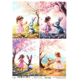 Rice Paper DIN A4 Straw Silk Decoupage Easter Cute Rabbit with Girl RE7556
