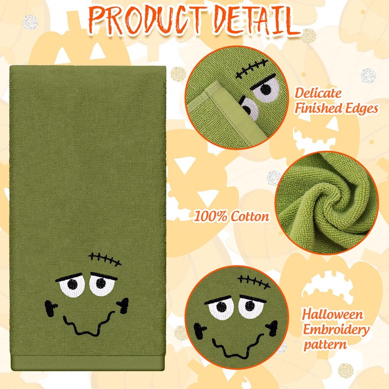 Whaline 4Pcs Halloween Hand Towels Spooky Pumpkin Face Monster Embroidered