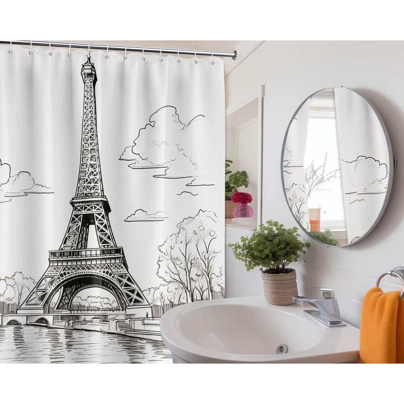DLTAY Eiffel Tower Shower Curtain Paris French City White Bathroom