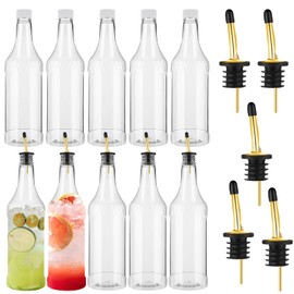 Dandat 20 Pcs 32 oz Plastic Long Neck Bottles with Pourer and Caps Plastic Juice Pour Bottles with Stainless Steel Pourer Tapered Spout for Liquor Juice Store (Gold)