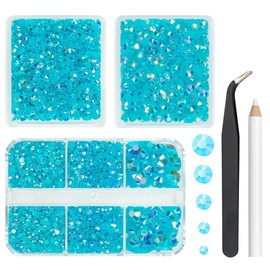 qiipii 3 Boxes 5070PCS Teal Blue AB Resin Rhinestones for Crafting Turquoise Blue Flatback Jelly Stones 2mm-6mm Non-Hotfix AB Diamonds Gems Charms for Nails Face Eyes Makeup Body Tumblers DIY Crafts