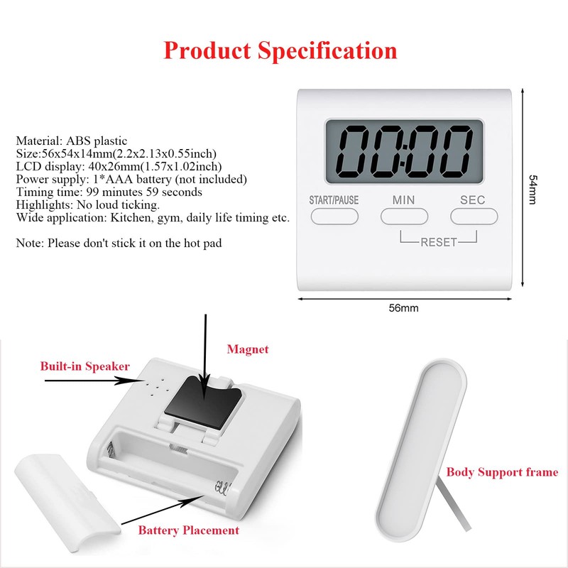 Small Digital Kitchen Timer Magnetic Back, Loud Alarm Reminder with