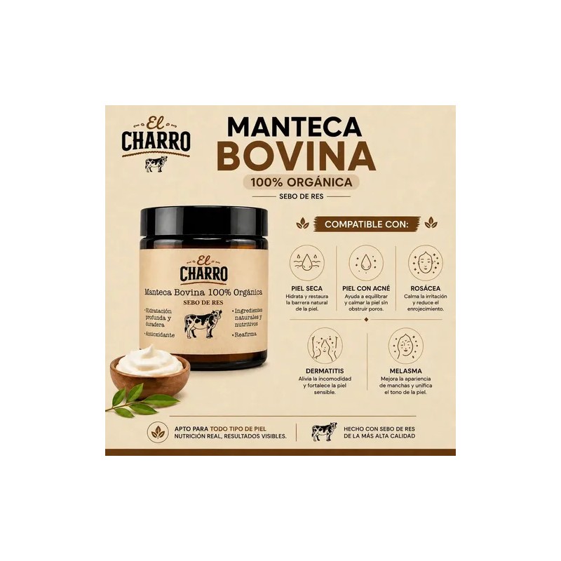 Crema El Charro de Sebo Bovino para Rostro y Cuerpo,