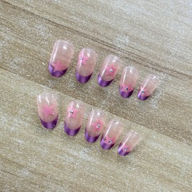 Almond Press on Nails Medium Length Nude Pink Fake Nails Rhinestone Glossy False Nails Pink Star Design Glitter Acrylic Nails Reusable Full Cover Glue on Nails for Women Girls 24 Pcs