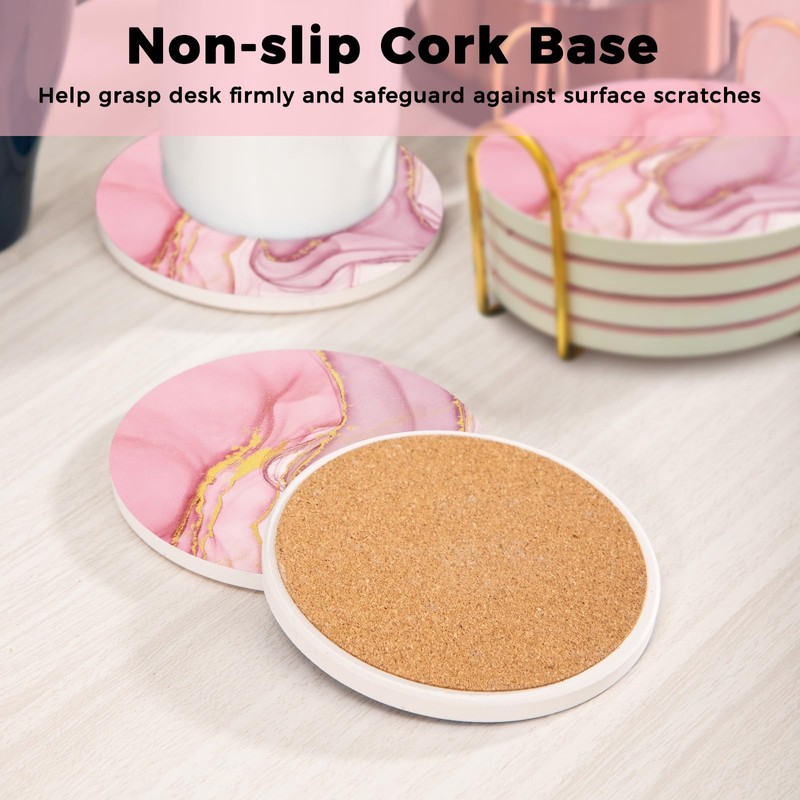 ALSNWNZ Pink Coasters Set of 6, Absorbent Ceramic Coasters for