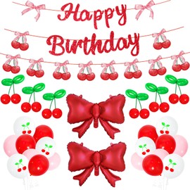 Cherry Birthday Decorations Cherry Theme Happy Birthday Banner Party Decorations with Cute Cherry Balloons, Red Bow Foil Balloons,Cherry Party Supplies for Birthday Party