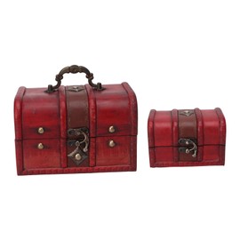 2Pcs Wooden Treasure Chest Red Retro Style Proper Size Multi Purpose Vintage Jewelry Box for Bedroom Office Table