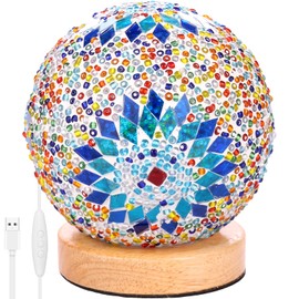 Mosaic Glass Lamps Retro Bohemian Glass Table Lamps 3 Color Dimming Glass Mosaic Ball Lights Adjustable Brightness Night Lights Table Lamps with USB Port(Colour)