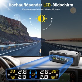 MIOLOE TPMS Tire Pressure Monitoring System, Solar Tyre Pressure Sensor with 4 External Sensors & LCD Display, 0-73PSI Wireless Car Tyre Pressure Gauge Real-time Alarm System (Black)