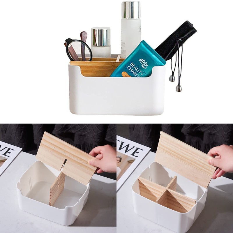 VICDUEKG Desk Organiser, 5 Compartments Bamboo Office Organiser with Pen