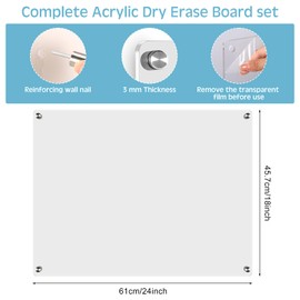 Ctosree 2 Pcs Clear Acrylic Dry Erase Board for Wall Reusable Acrylic Note Board 24 x 18 Inch Hanging Frameless White Board Wall Memo Board Clear Acrylic Planner Writing Board for Office School Home
