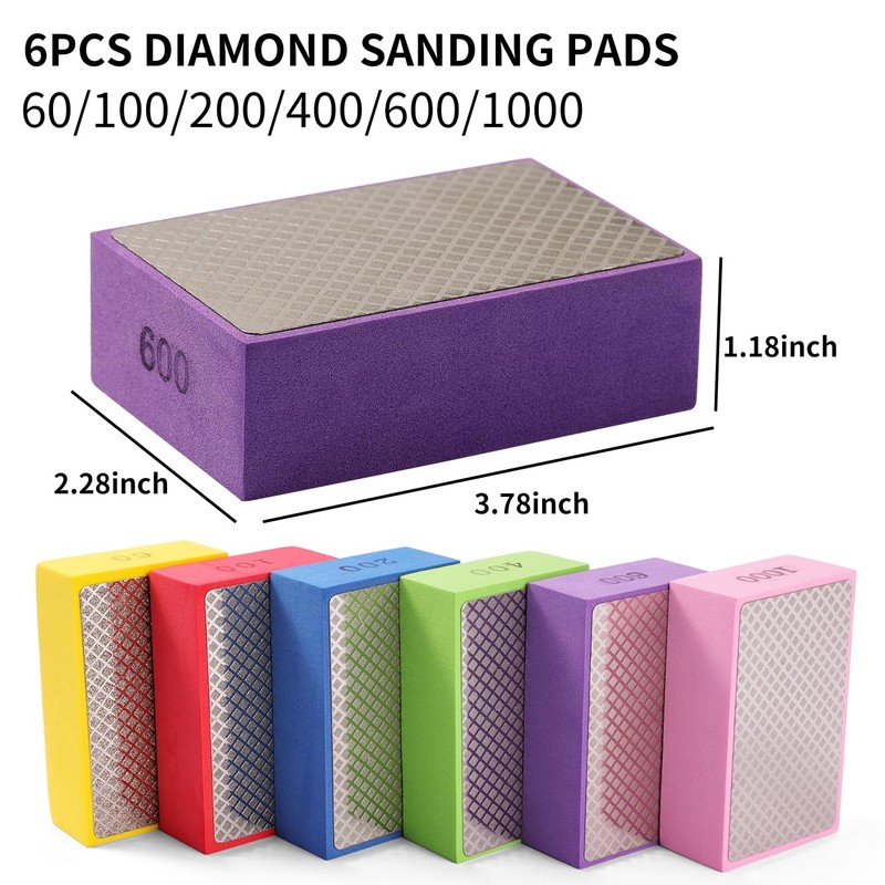 XKDOUS 6PCS Diamond Hand Polishing Pads,60/100/200/400/600/1000 Diamond Sanding Pads Tile