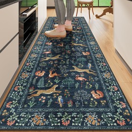 DUKINO 2x6 Rug for Hallway, Washable Kitchen Runner Rug with Non Slip Backing, Soft Low Pile Vintage Animal Runner for Bedroom, Kitchen, Hallway, Entryway, Laundry, Navy Blue