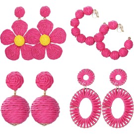 Jstyle Earrings, Women's Popular Handmade Earrings Set Clip Earrings Big Dangle Colorful Statement Hoop Earrings Woven Earrings Drop Earrings for Women, Stainless Steel Rattan Cubic Zirconia