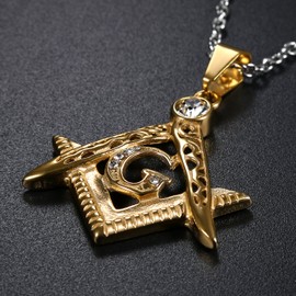 Oidea Mens Stainless Steel Freemason Masonic Symbol Pendant Necklace with Sginy Rhinestone Inlaid,Gold,22 Inch Chain Included