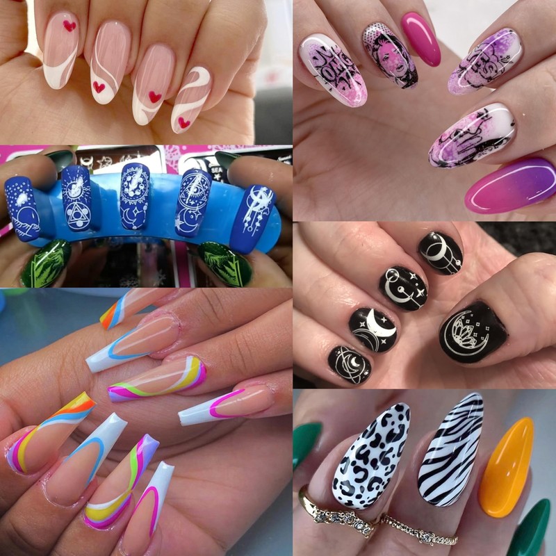 French Nails Stamp Nail Stencils Set, 5 Star Moon Flowers
