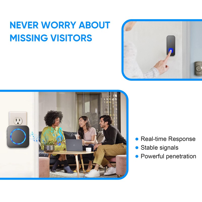 Wireless Doorbell,1300ft Long Range Waterproof Cordless Door Bell Chime Kit,