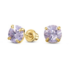 Solid 14K Gold Round Solitaire Simulated-Birthstone Minimalist Stud Earring with Comfort Screw Backing (5mm, 06-June)