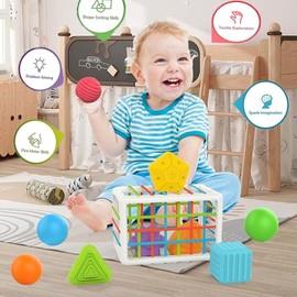 12 Coloridos Juguetes Sensoriales de Formas, 1 Clasificador de Formas con Banda Elástica, Cubo Clasificador de Formas para Niños, Juguetes Colorido Sensoriales Montessori para Niños y Niñas (18cm)