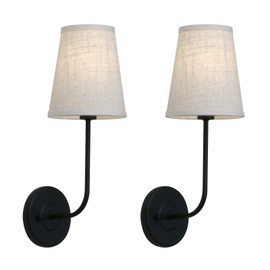 Pathson Set of 2 Vintage Wall Sconces Linen Fabric Shade, Hardwired Bathroom Vanity Lights Dark Black Finish, Industrial Wall Mounted Fixture for Bedroom Living Room (Black)