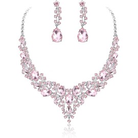 GKMJ Conjunto de Joyería para Mujer, Collar Mujer, Conjunto de Collar y Pendientes de Cristal de Boda, Nupcial Gargantilla Collares Colgante Joyas para Mujeres y Novias (Rosa)