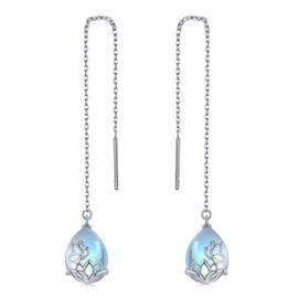 Moonstone Threader Earrings 925 Sterling Silver Lotus Earrings with Long Chain Ear Line Teardrop Earrings Jewelry Gifts for Women