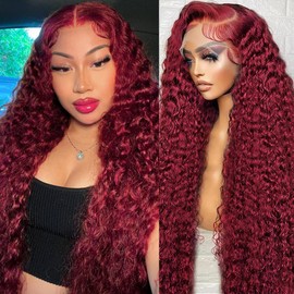 ILHILH 99J Burgundy Lace Front Wigs Human hair Deep Wave 13x6 HD Lace Frontal Wigs Human Hair Pre Plucked 200 Density Wine Red Colored 99J Curly human Wig with Baby Hair 26 inch Glueless Wig
