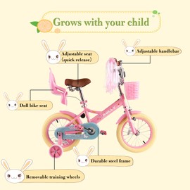 RULLY 16 Inch Kids Bike for 4 5 6 7 Years Girls with Training Wheels & Front Handbrake, Kids Bicycle with Basket Bike Streamers Toddler Cycle Bikes, Pink