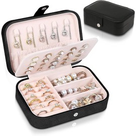 Caja Joyero Organizador | Organizador de Joyeria de Doble Capa, Alajeros Joyeria Mujer de Cuero, Alajeros Joyeria Viaje Portátil para Anillos, Aretes, Pendientes, Collares, Pulseras y Relojes (Negro)
